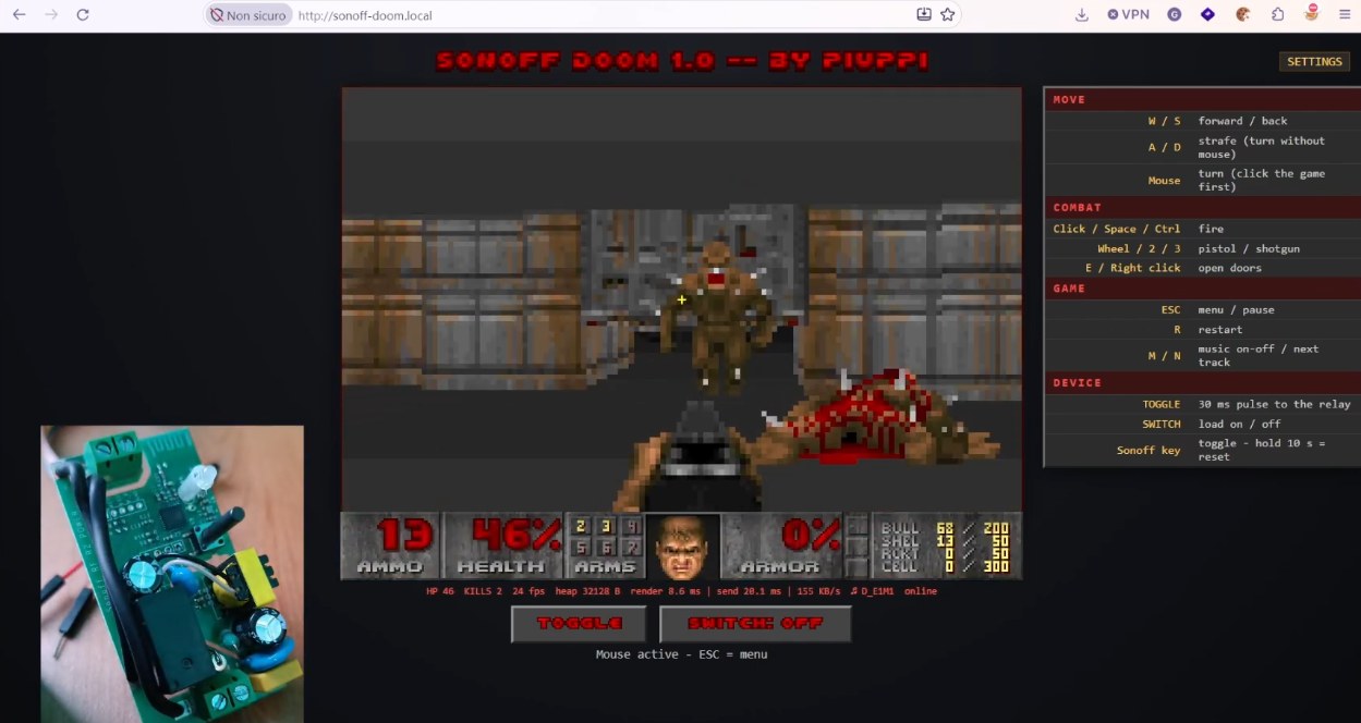 Демо по мотивам DOOM, которое Sonoff отдаёт в браузер. Изображение: Hackaday.